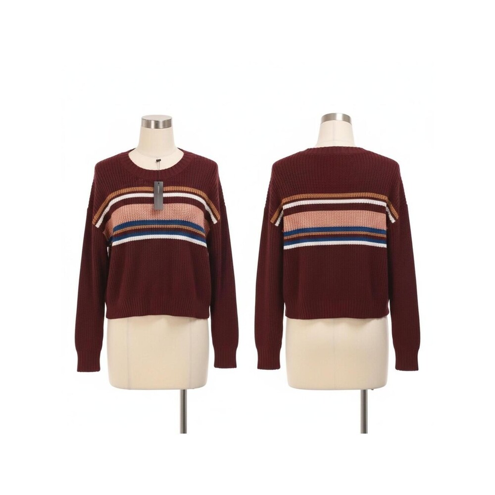 Ambiance Apparel Striped Cropped Sweater Knit Pullover Burgundy S